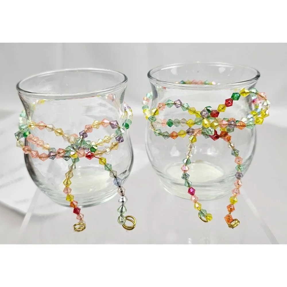 Anchor Hocking Clear Glass Votive Candle Holders Beaded Bow Set of‎ 2 88638 USA